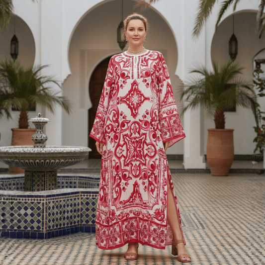 Red Majolica Porcelain print maxi Kaftan dress - Dress By Vicky