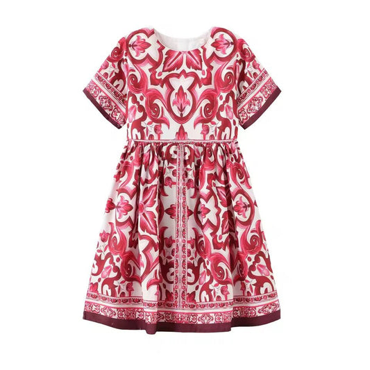 Red majolica print short sleeves kids dress - Dress By Vicky