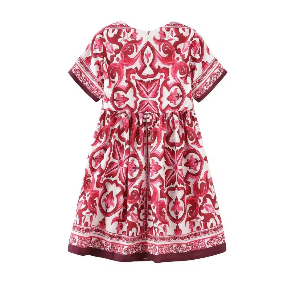 Red majolica print short sleeves kids dress - Dress By Vicky