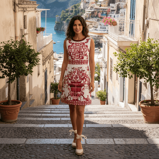 Red Majolica Tiles Brocade print sleeveless mini dress - Dress By Vicky