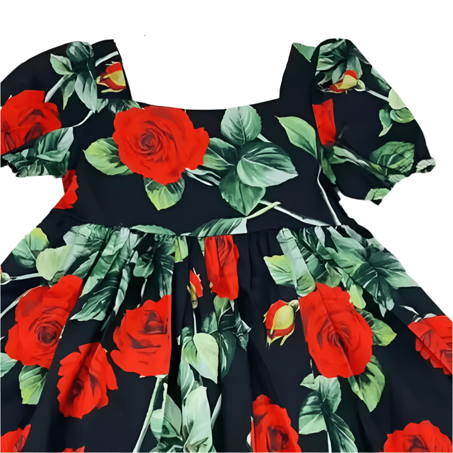 Red roses with lace border floral luxury crepe kids dress - Dress By Vicky