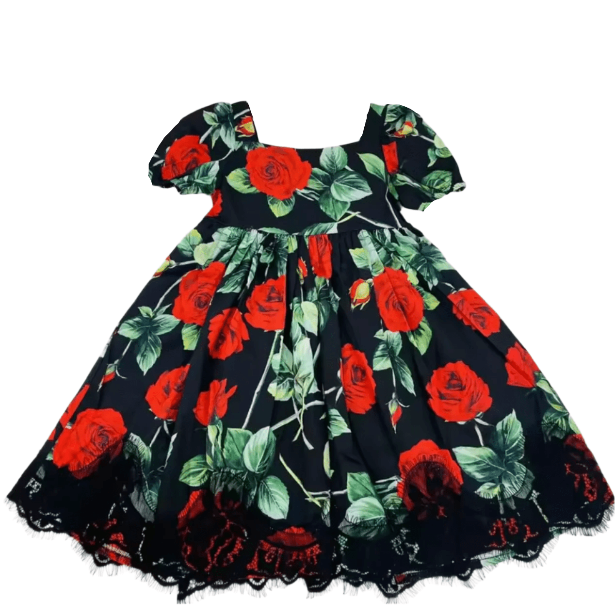 Red roses with lace border floral luxury crepe kids dress - Dress By Vicky