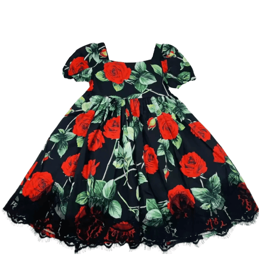 Red roses with lace border floral luxury crepe kids dress - Dress By Vicky