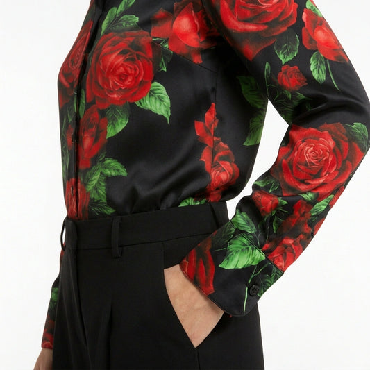 Red Roses Black Silk Blouse