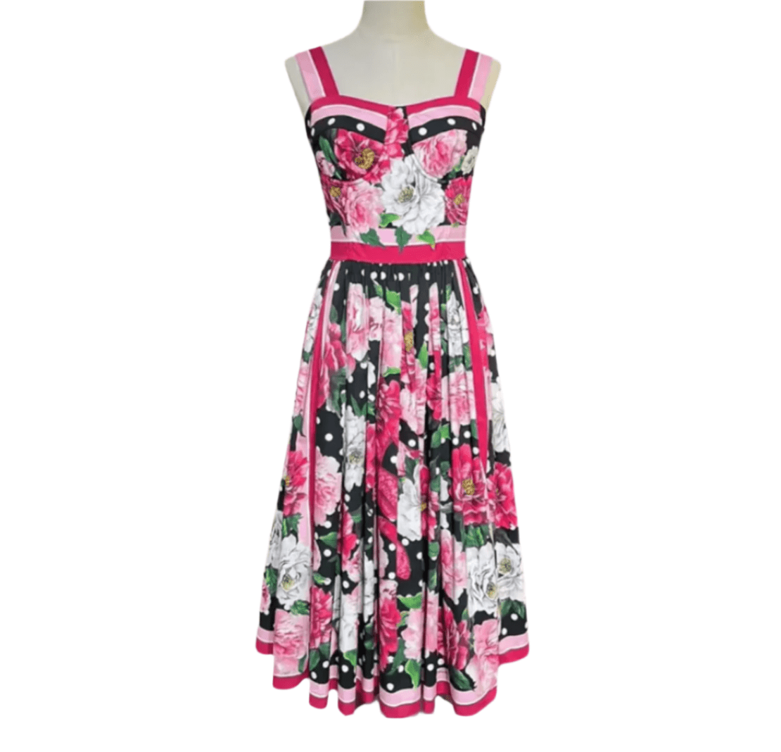 Roses & Polka Dot print push up cotton midi dress - Dress By Vicky