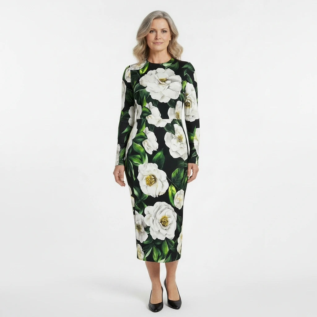 Black & White Floral Silk Long-Sleeve Midi Dress for Special Occasions