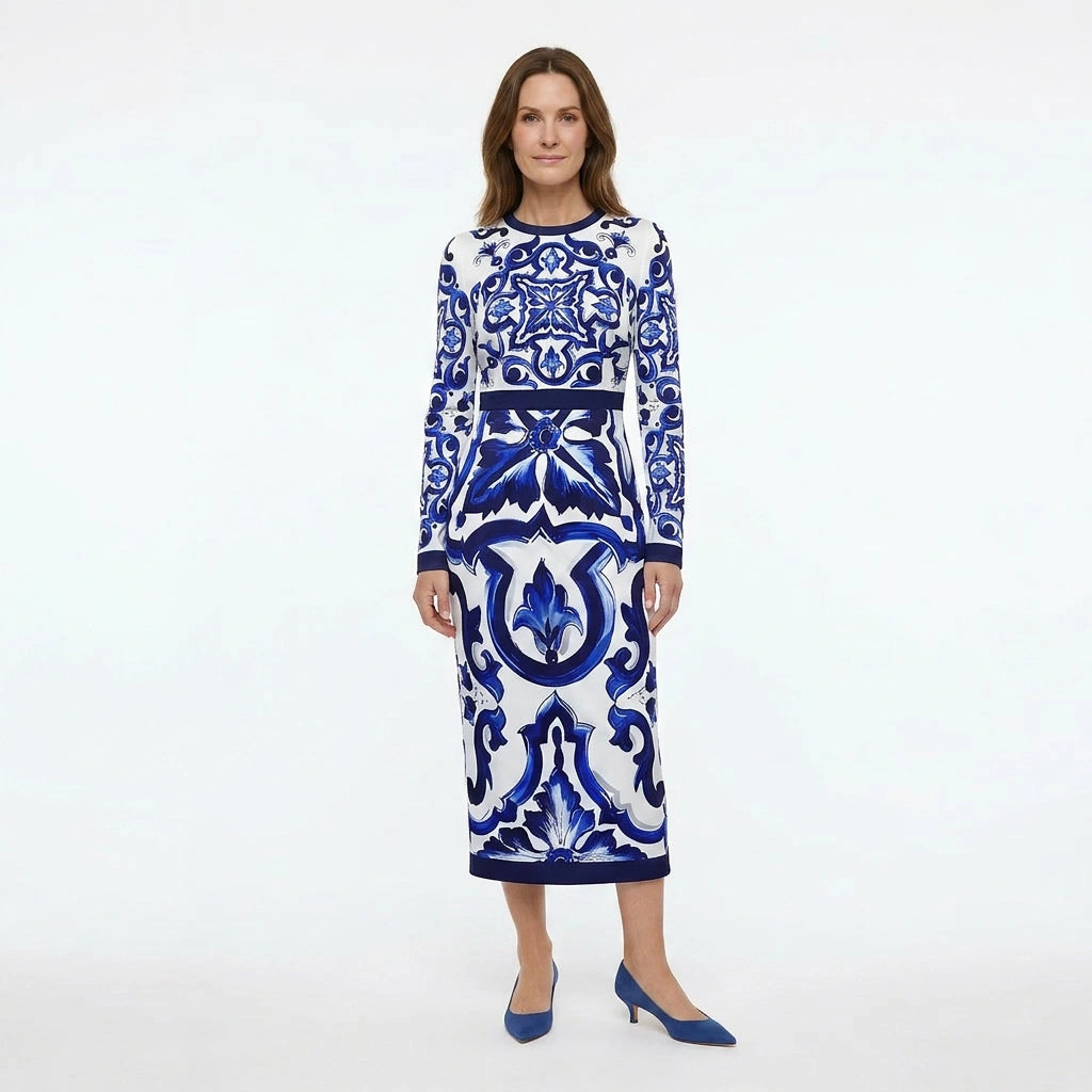 Blue Majolica Porcelain print long sleeve silk midi dress
