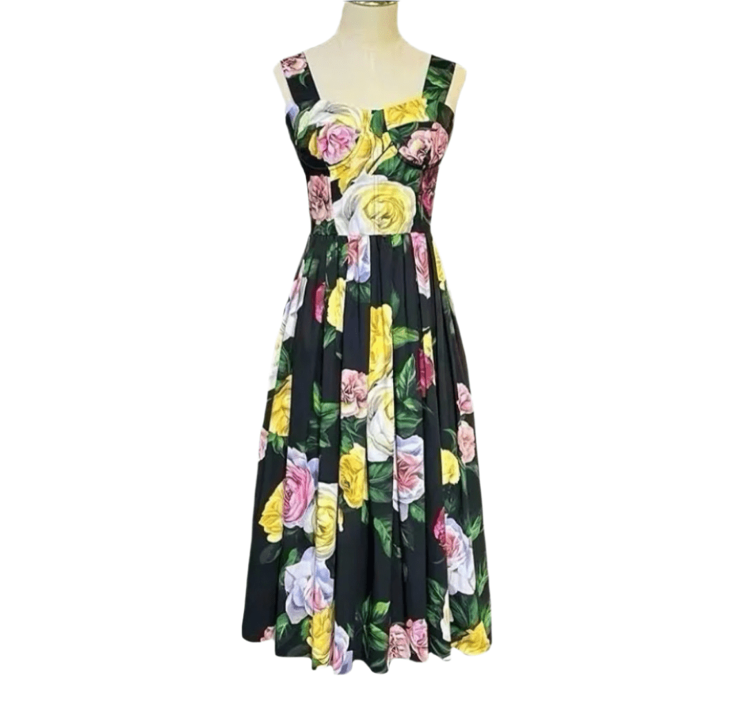 White, Pink and Yellow Roses on black 100% cotton midi dress - Dress By Vicky