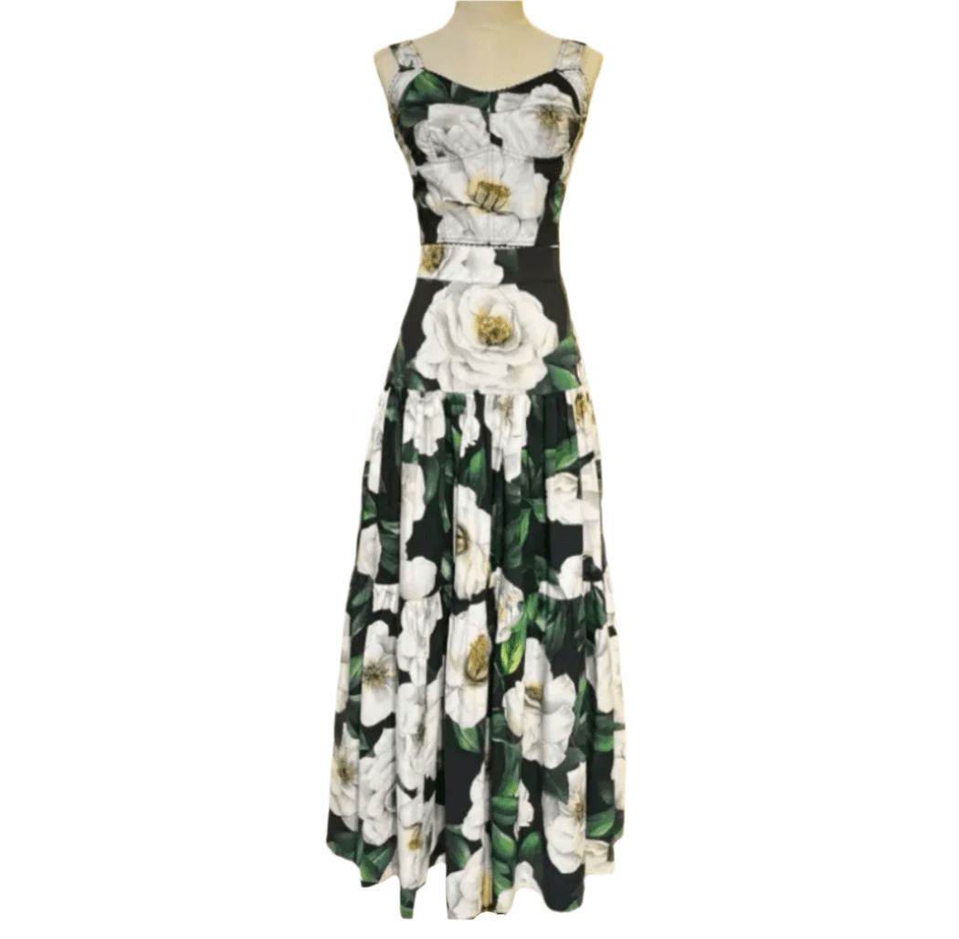 White Roses on Black floral print 100% cotton 3 tier gathered maxi skirt - Dress By Vicky