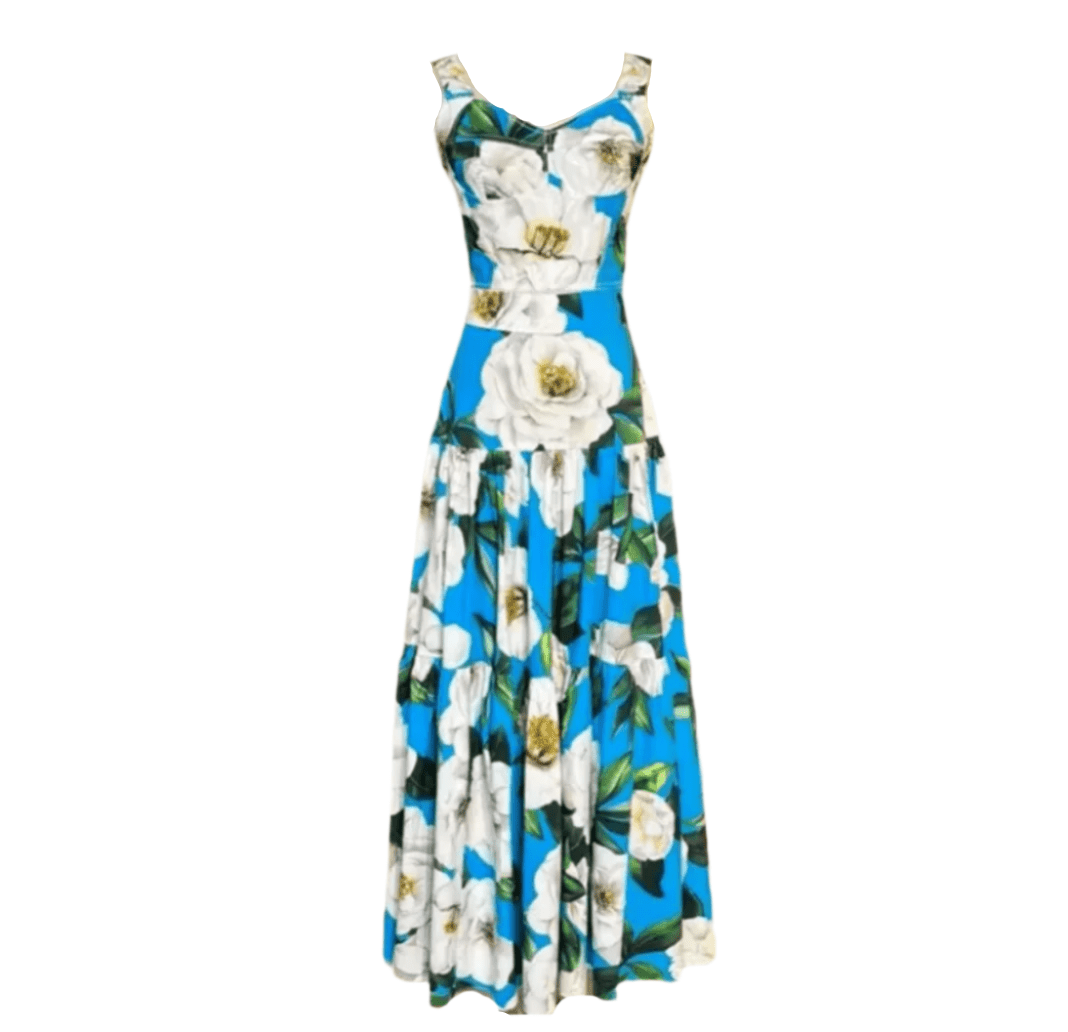 White Roses on Blue floral print 100% cotton 3 tier gathered skirt - Dress By Vicky