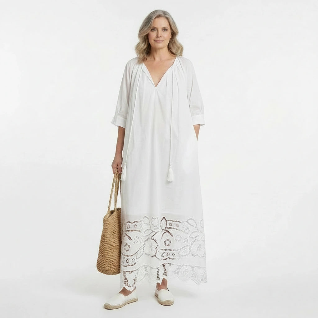 White Broderie Cotton Maxi Dress with Tassel Ties