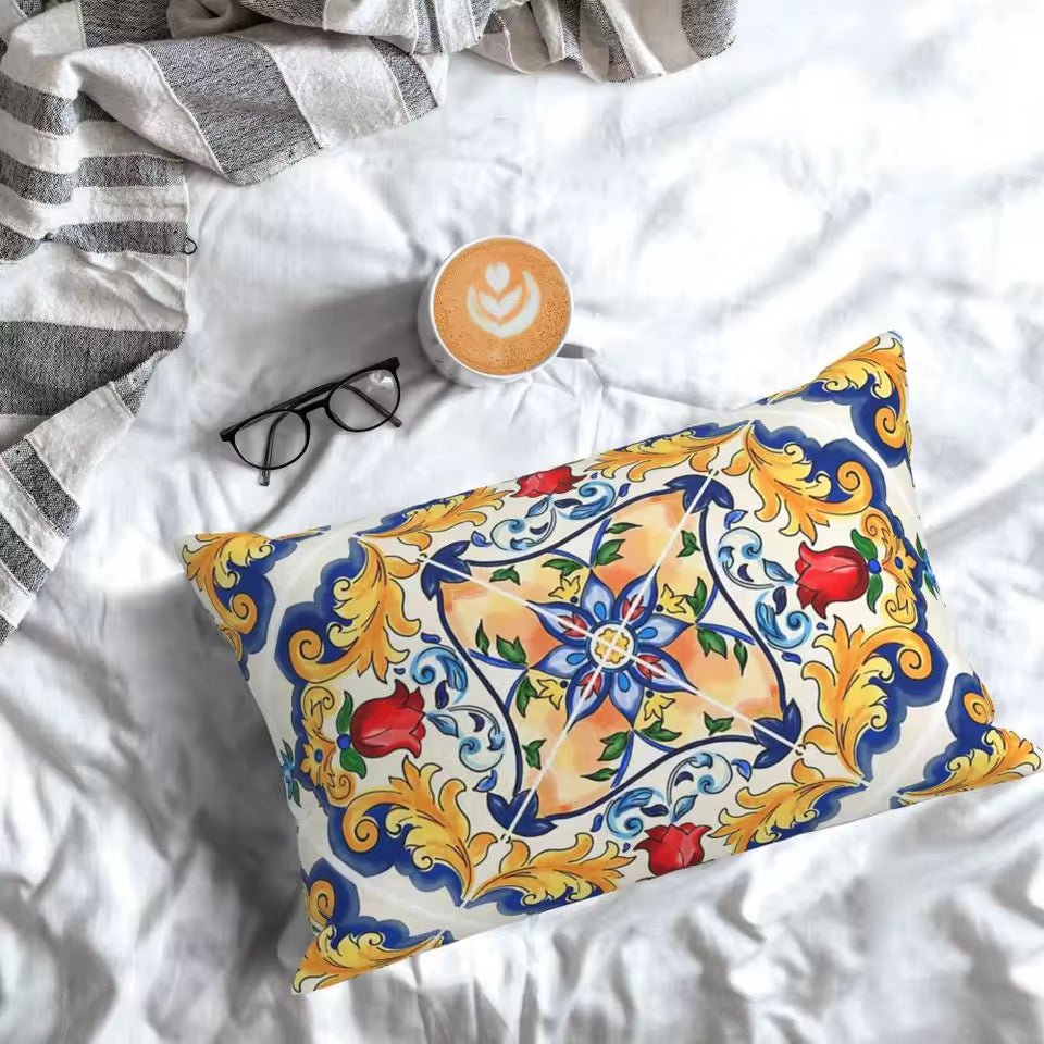 Yellow & Blue canvas porcelain majolica print cushion pillowcase - Dress By Vicky