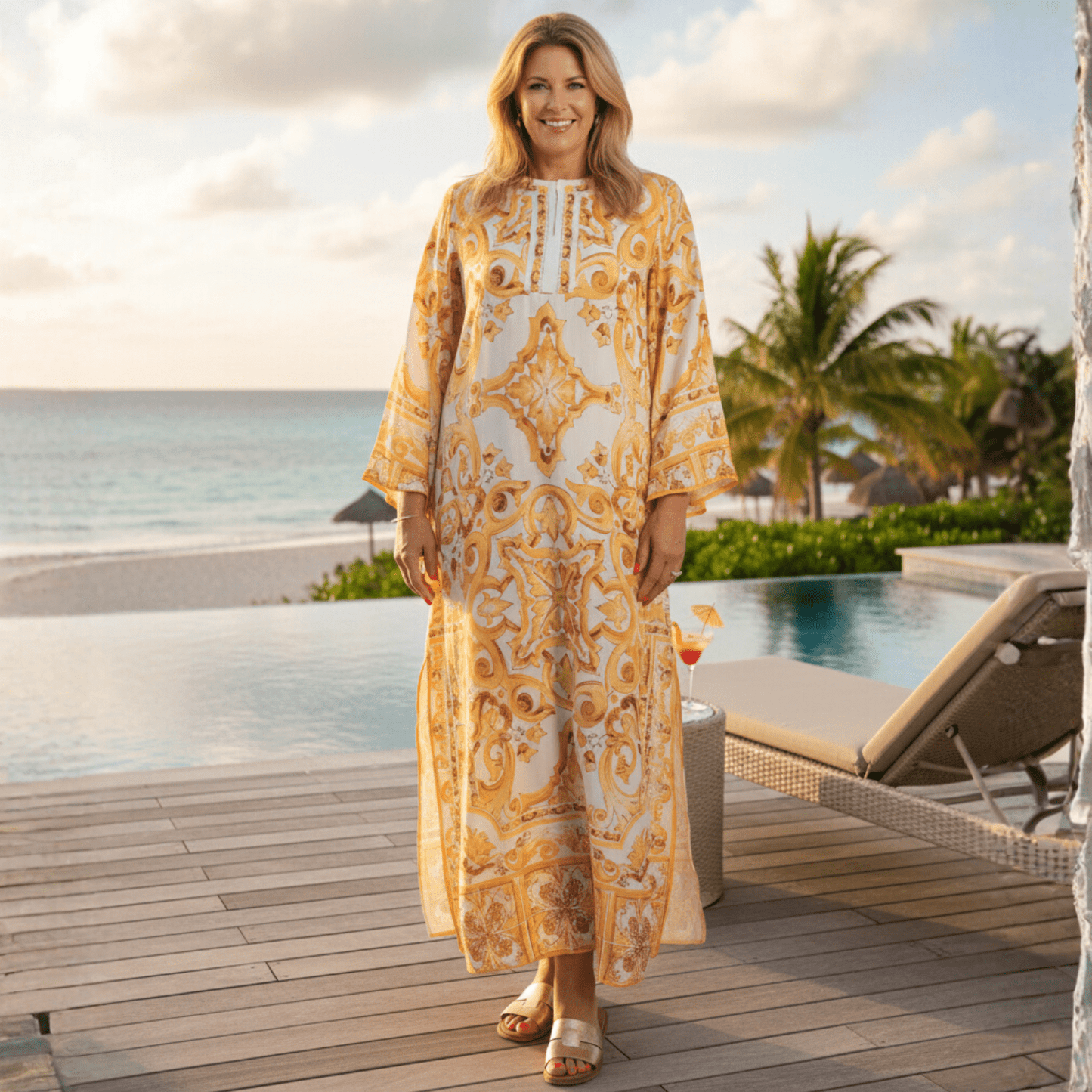 Yellow Majolica Porcelain print maxi Kaftan dress - Dress By Vicky