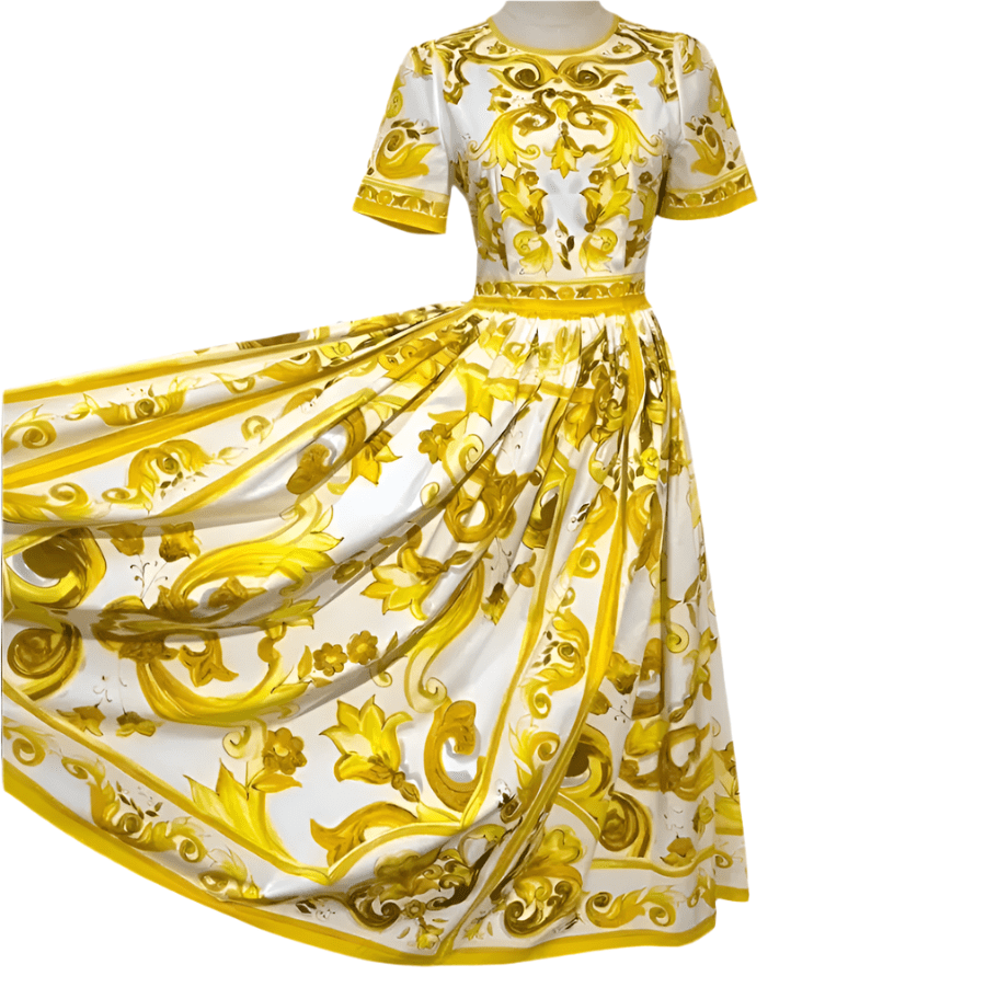 Yellow Majolica Tiles print short sleeve cotton midi dress - Dress By Vicky