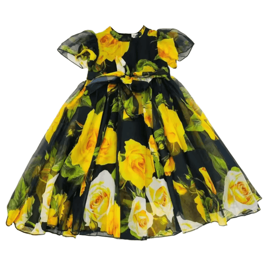 Yellow roses floral luxury chiffon kids dress with puff sleeves - Dress By Vicky