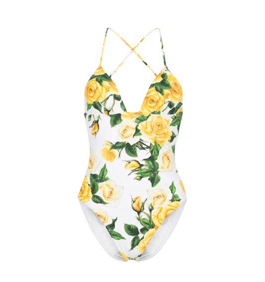 Yellow roses print one piece swimsuit - Dress By Vicky