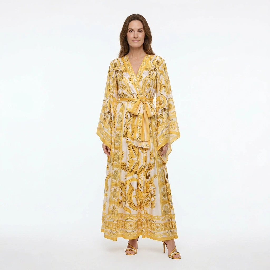 Yellow Majolica maxi chiffon dress with flared sleeves