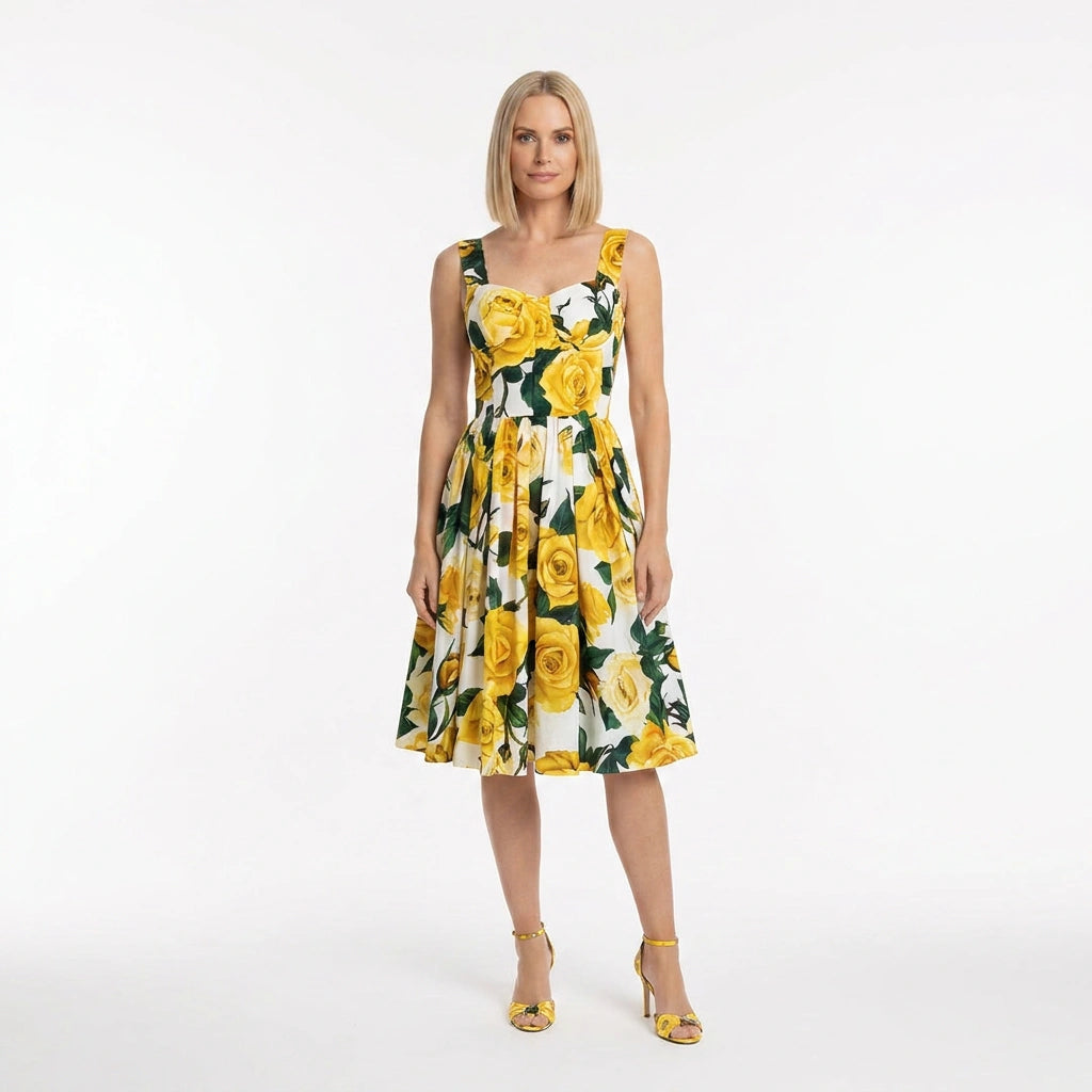 Yellow Roses print push up 100% cotton knee length dress