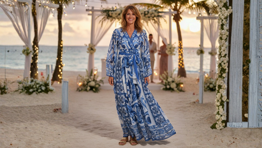 maxi blue majolica chiffon dress for hot summer days and luxury cruises