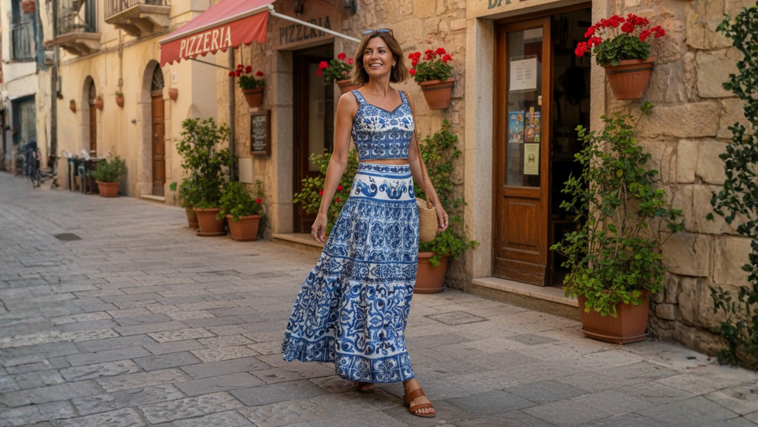 blue majolica maxi skirt and matching top for summer vacation in italy