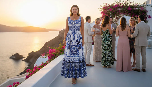cotton maxi blue majolica dress for dinners and parties in summer heat