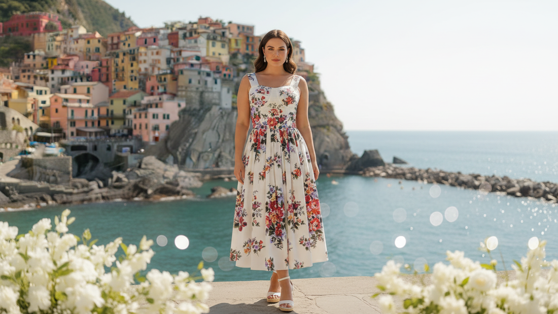 floral midi cotton dress with padded cups for summer events and vacations