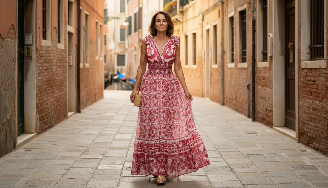 maxi chiffon red majolica print dress for summer travels and venice dinners