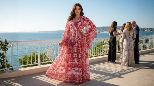 maxi majolica dress for destination wedding in europe