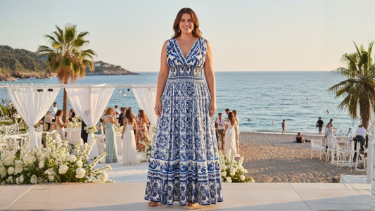 elegant maxi blue majolica cotton dress for all day comfort in heat at destination wedding