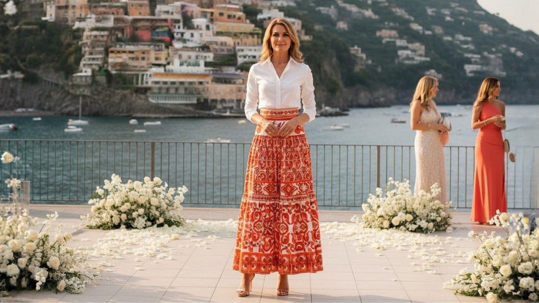 maxi cotton orange majolica skirt for seaside parties and destination weddings