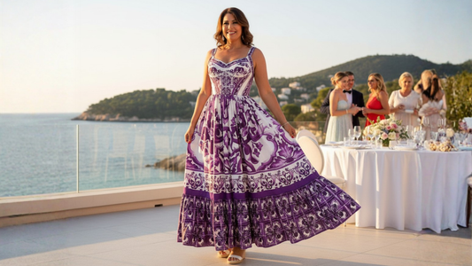 maxi cotton flared majolica dress for summer parties and weddings abroad