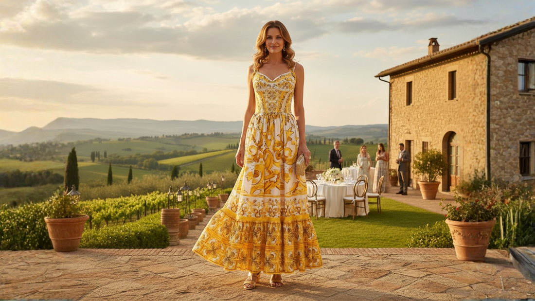 maxi yellow majolica cotton dress for destination weddings and summer vacations in europe