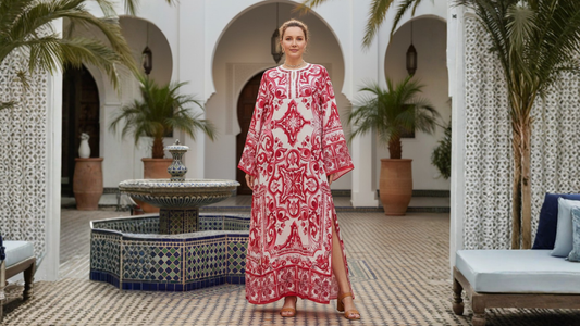 red majolica maxi dress for summer vacations and beach weddings