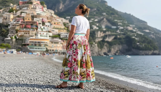 maxi cotton full skirt with bold floral print for summer travels and vacations for women over 50