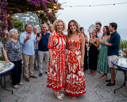 midi and maxi orange majolica dresses for italian vacations and mother daughter looks