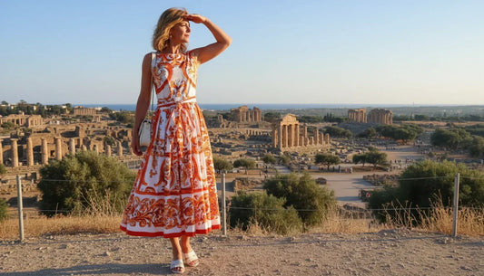 midi coton orange majolica dress for travels, vacations and sightseeing