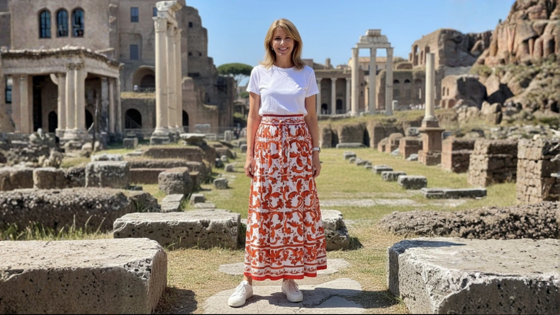 midi cotton orange majolica skirt for summer travels and cruises