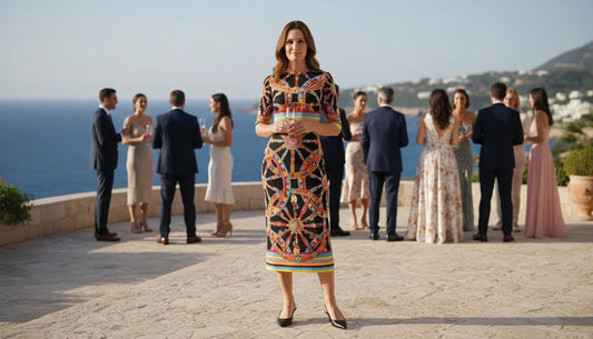 midi half sleeve silk dress in luxury italian carretto print for destination weddings and summer events