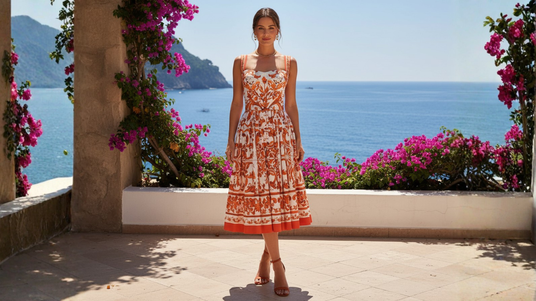 midi orange majolica dress for summer wedding in amalfi