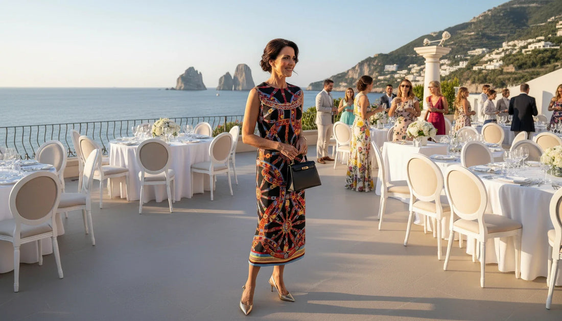 midi silk sicilian carretto print dress for summer events and destination weddings