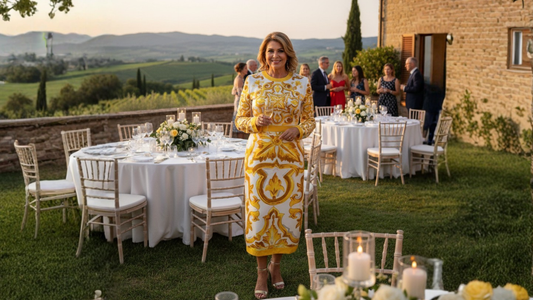 midi silk yellow majolica dress for destination wedding abroad