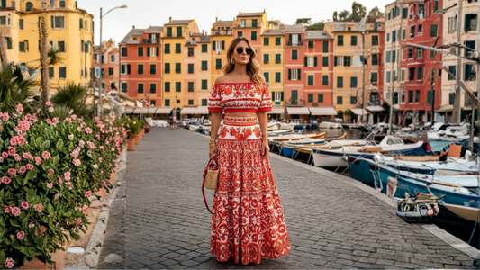Majolica-print cotton maxi skirt with ornamental border
