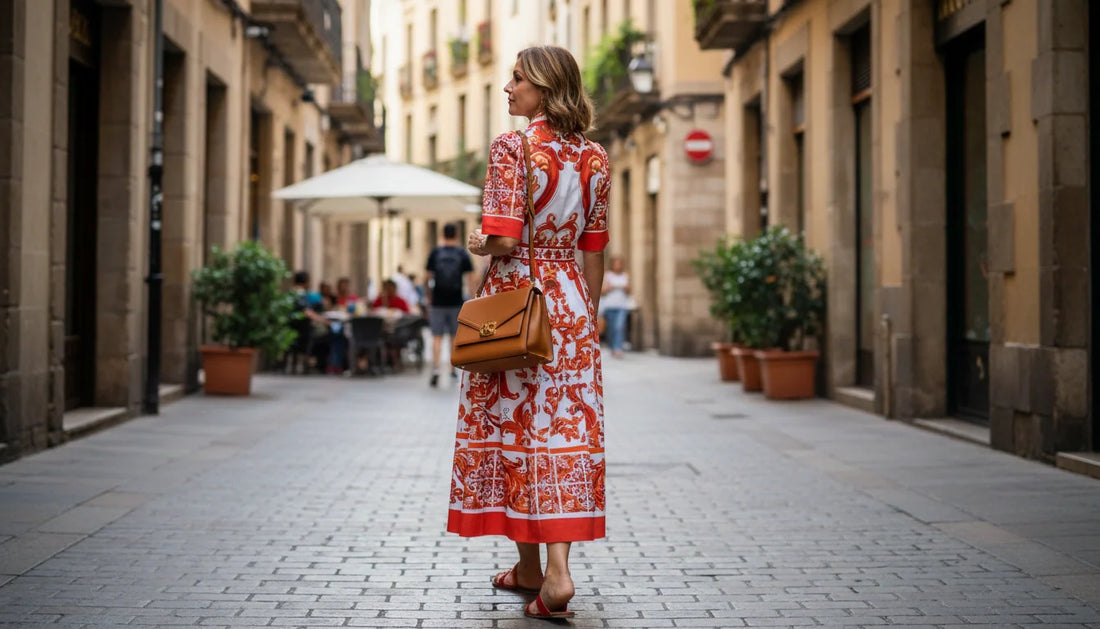 orange majolica cotton midi dress for travels cruises and sightseeing