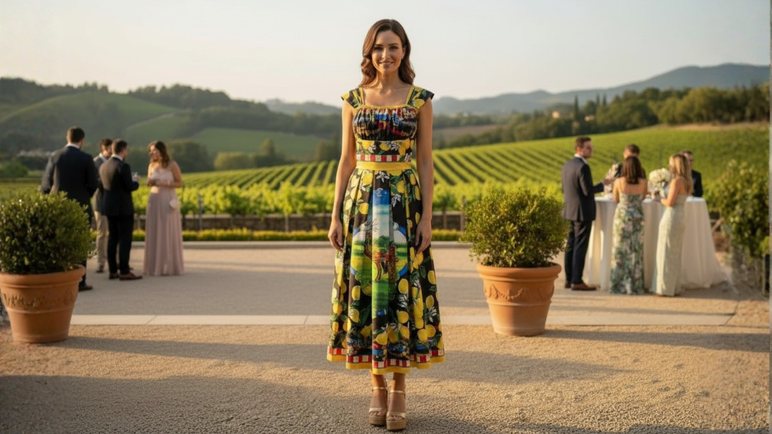 lemon print midi cotton dress for destination weddings and summer events