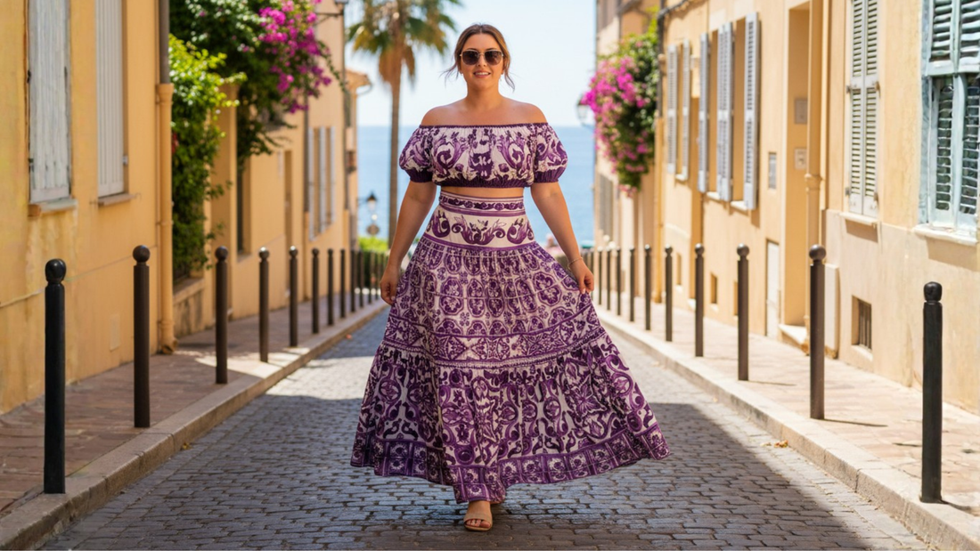 purple majolica maxi skirt and matching top for italian summer vacation