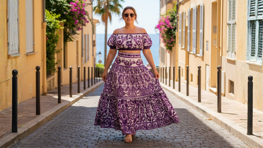 purple majolica maxi skirt and matching top for italian summer vacation
