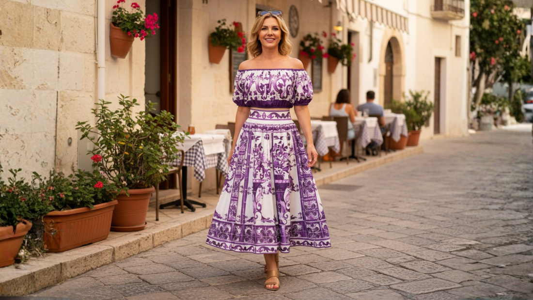 purple majolica midi skirt and matching off shoulder top for mediterranean vacation
