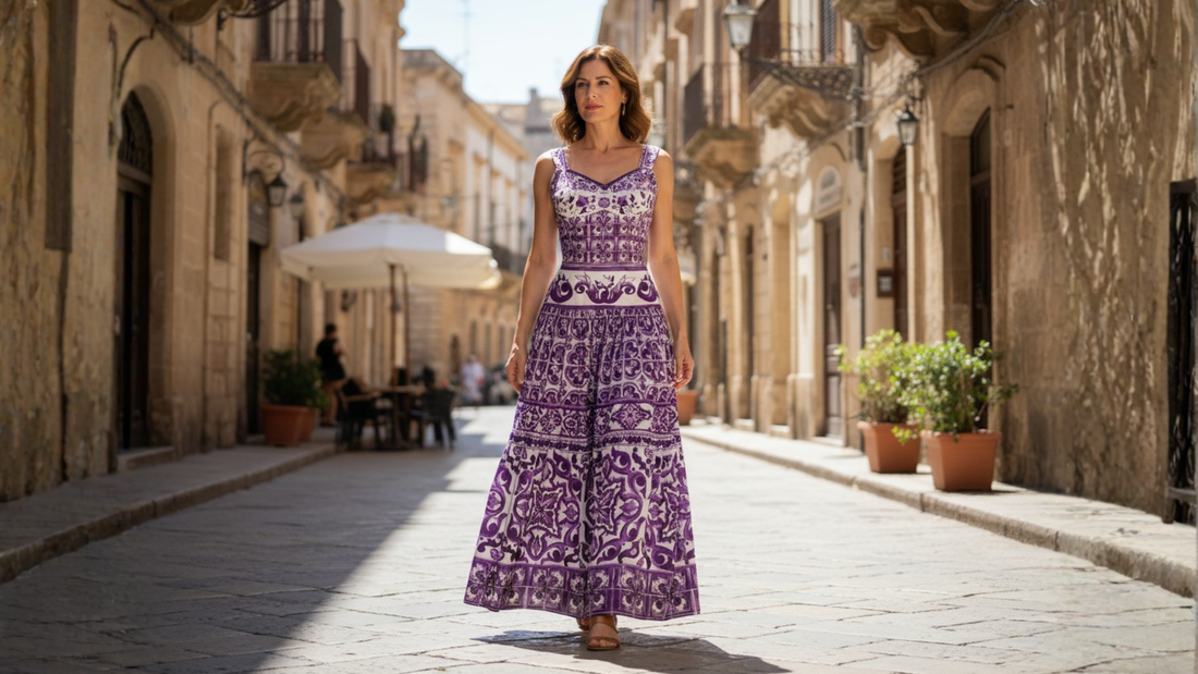 purple maxi majolica skirt and matching top for italian summer vacation