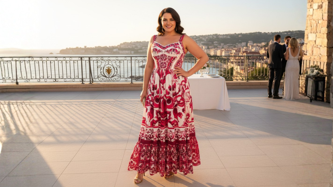 red majolica maxi dress for destination wedding