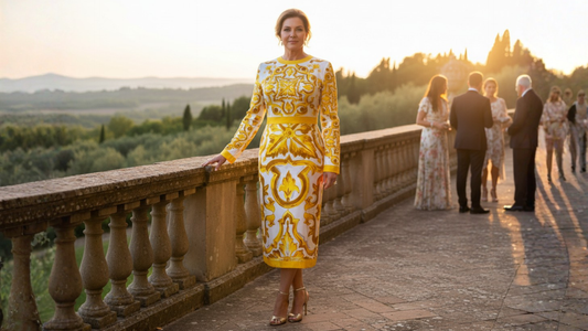 silk midi majolica print dress for early autumn weddings italian style